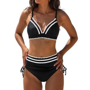 NWT Popvil Black Scallop Trim Bikini Set High Waisted Tie Side Swimsuit Large